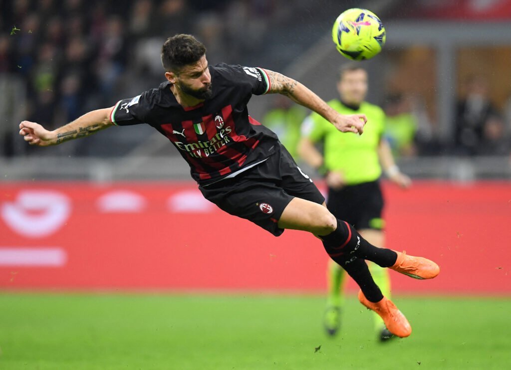 AC Milan's Olivier Giroud shoots at goal