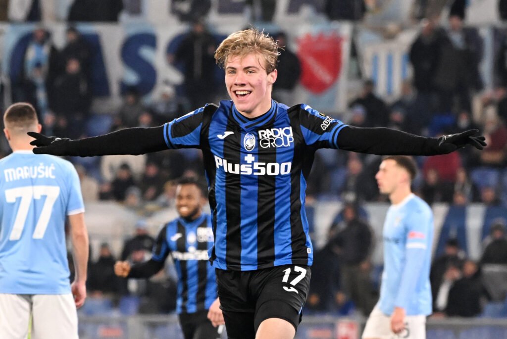 Atalanta's Rasmus Hojlund celebrates scoring their second goal