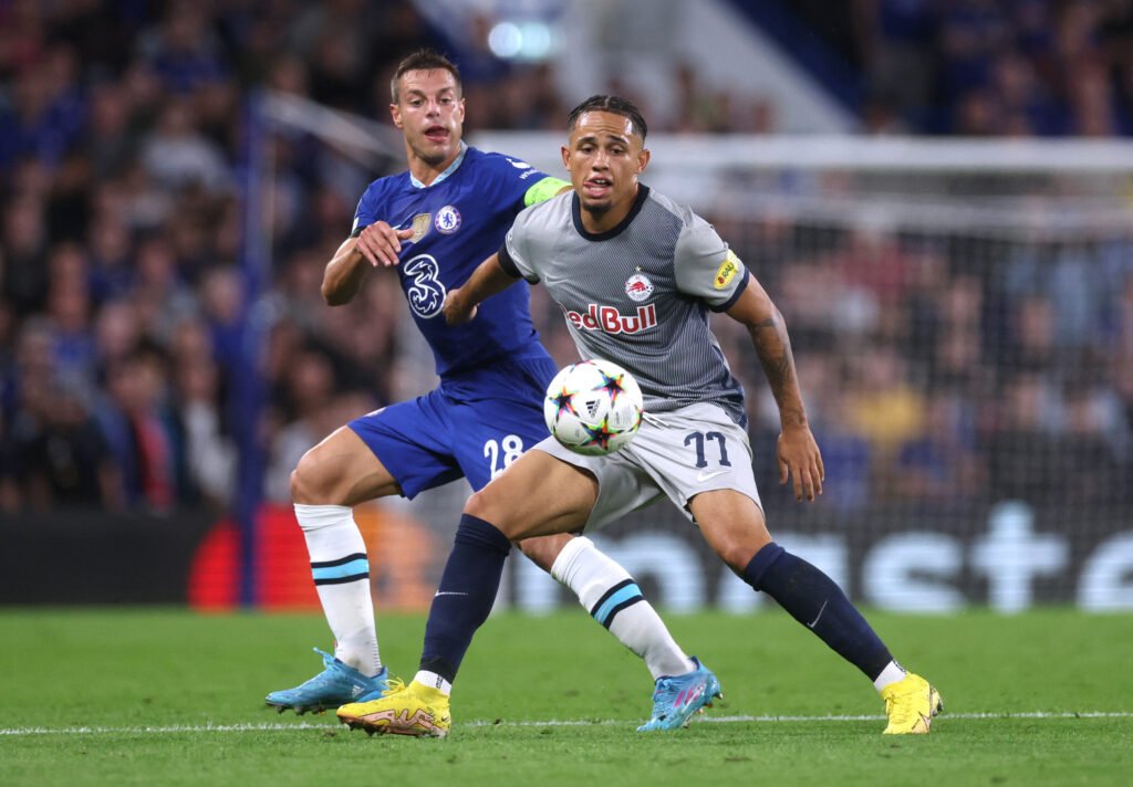 FC Salzburg's Noah Okafor in action with Chelsea's Cesar Azpilicueta