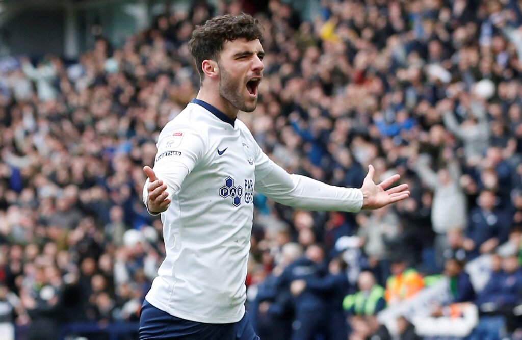 Preston North End's Thomas Cannon celebrates scoring their third goal